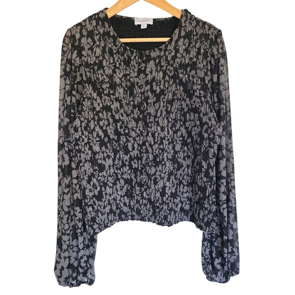 Evereve Tori Smocked Mesh Balloon Sleeve Gray Black Floral Stretch Blouse XL
